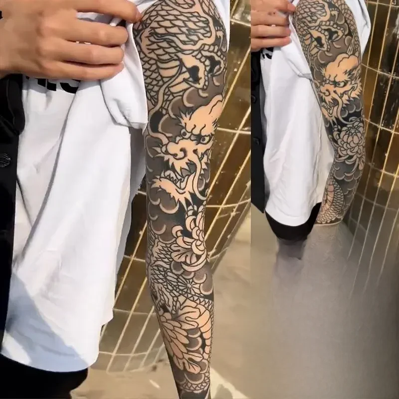 Autocollants de tatouage de dragon à base de plantes pour femmes et hommes, art temporaire de fleur de bras, faux tatouage imperméable, autocollants durables de Geisha