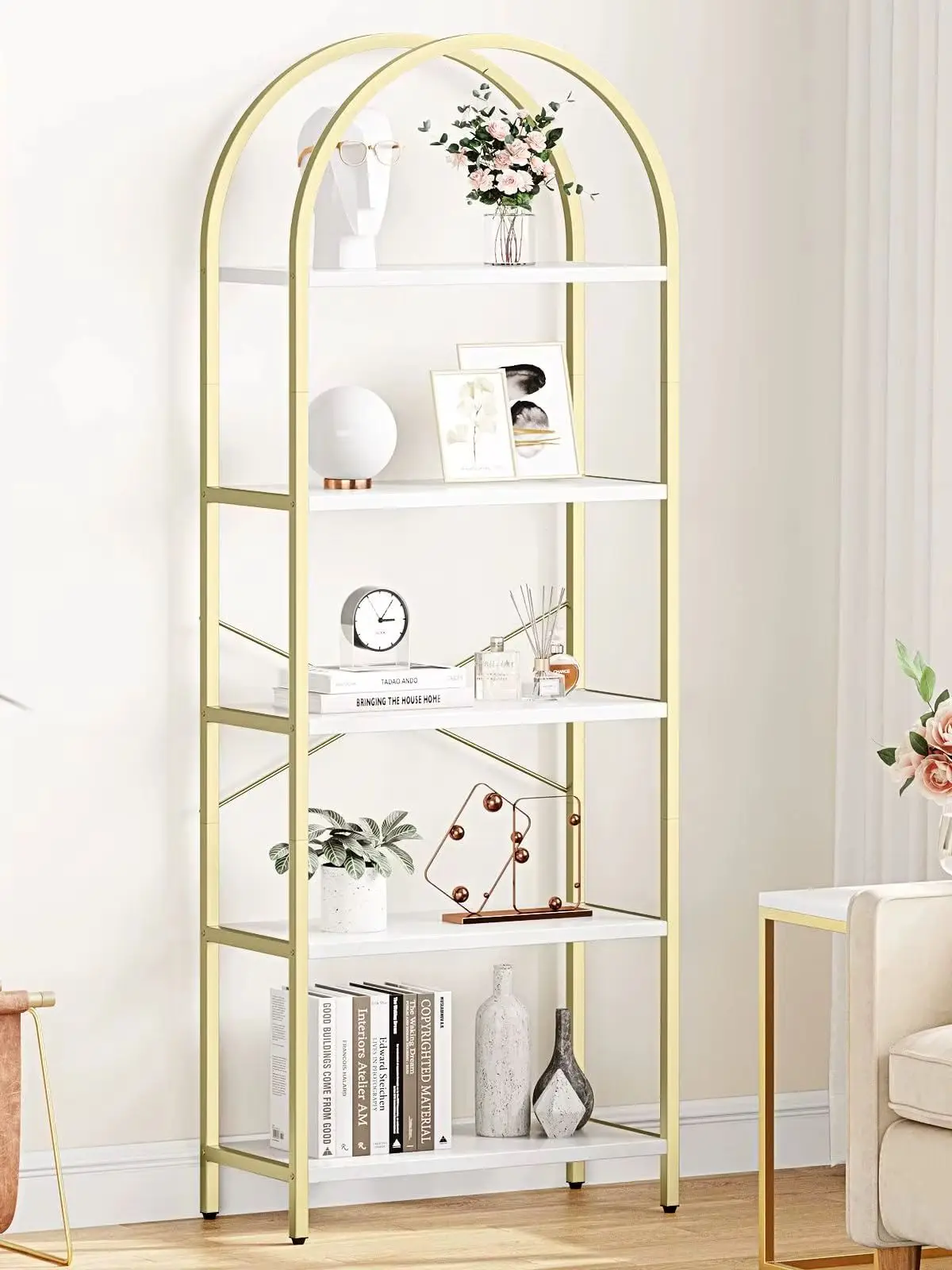 Regal Gold Metall, Bücherregal 5 Ebenen,180cm, Regal Offen mit Kippschutz und Verstellbaren Füßen,Standregal für Wohnzimmer, Schlafzimmer, Büro, Marmor-Finish