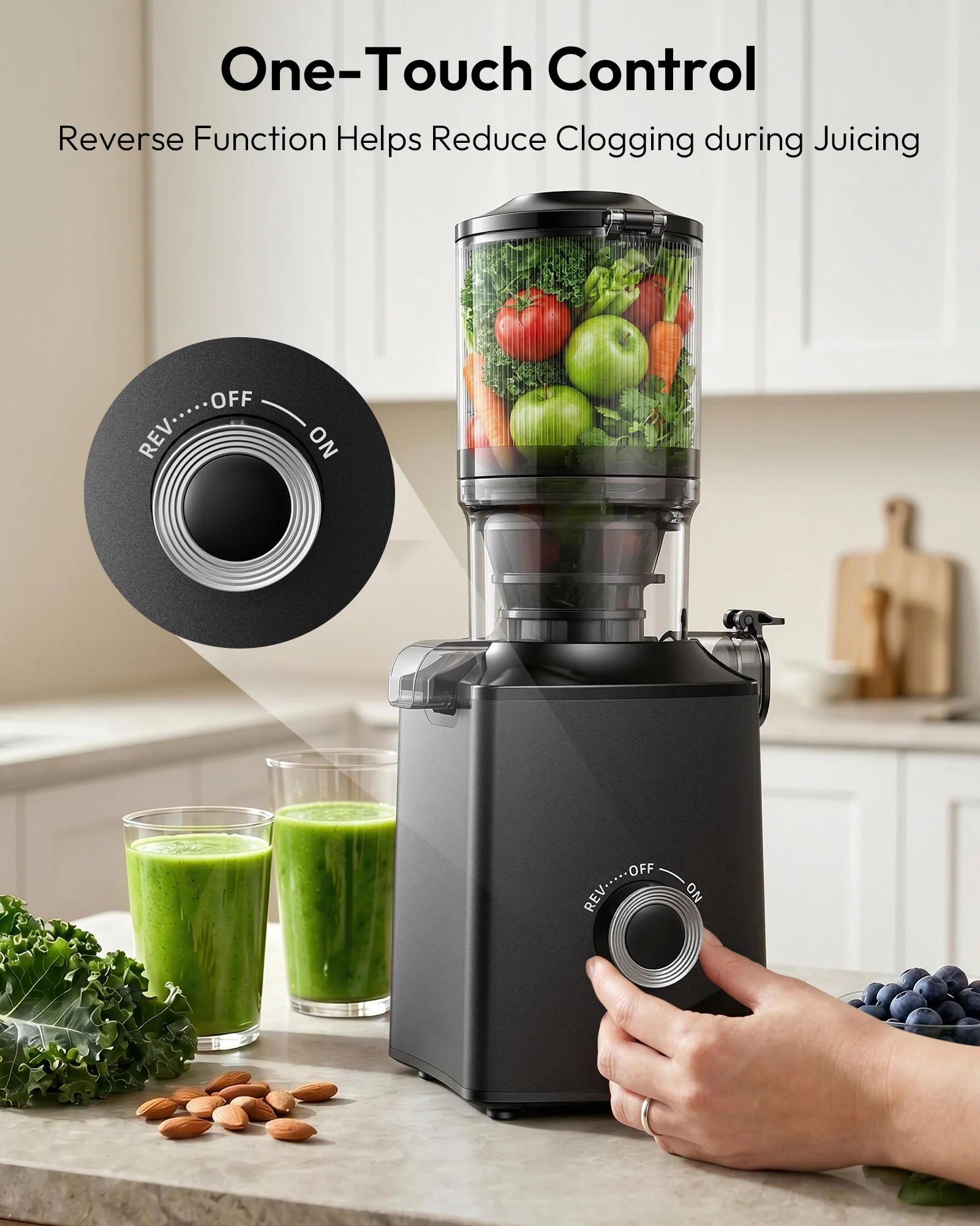 EKOJUCE Slow Masticating Cold Press Juicer, 5.3‑Inch Large Feed Chute, High‑Yield Juice Extractor, Works With Whole Fruits & Vegetables