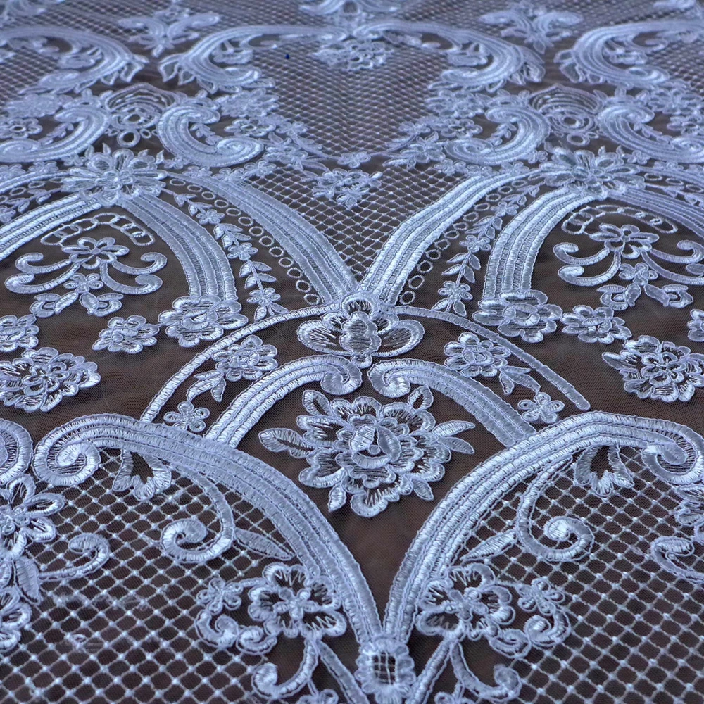 HelluyerDc Ivory,black carded sequins lace fabric,Hight quality,large patterns heavy embroidery for wedding prom dress fabric