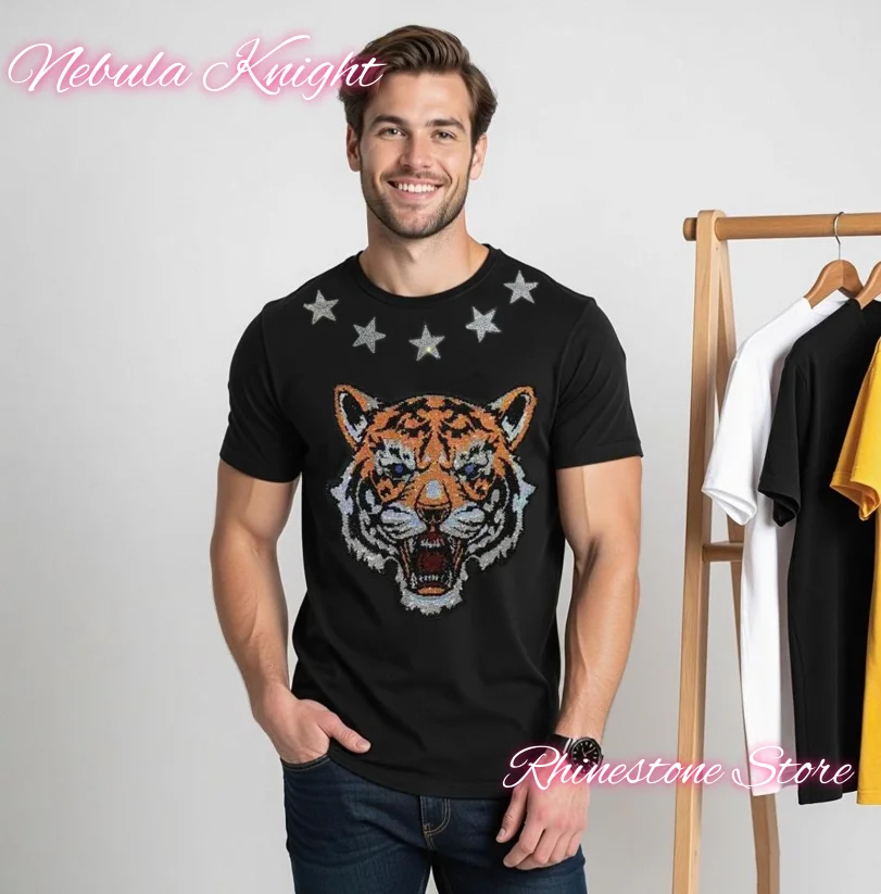 

Summer New Fashion Men Diamond Skull Design Pullover Rhinestone slim fit Casual Men Short Sleeve T-Shirts Tops Wholesale