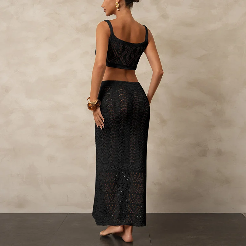 2 Pcs Women's Knit Bikini Cover up Set Sexy Hollow out Crop Top And High Waist Skirt Bottom Wrap Long Beach Dress Swimwear