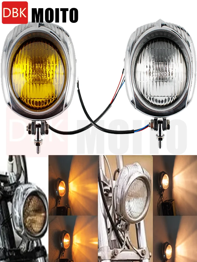Phare avant de moto rétro vintage pour Harley, finition polie, lentille jaune ou argentée, 12V, style old school, finition métallique polie