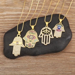 Nidin New Fashion Lucky Palm Shape Evil Eye Pave Zircon Charm Pendant Necklace 4 Styles Girl Clavicle Chain Accessories Gifts