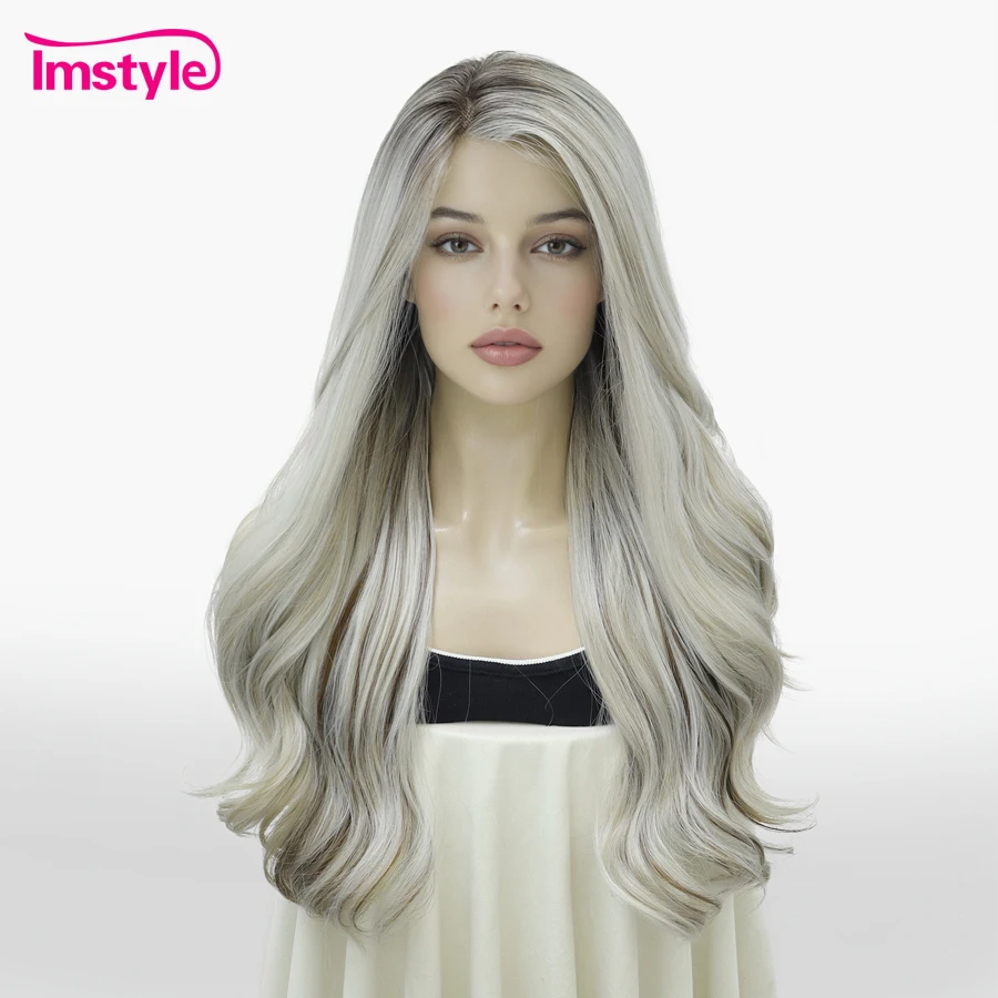 Imstyle Long Wavy Synthetic Lace Front Wig Dark Root Silver Gray Blonde Heat Resistant Fiber 200% Density for Women Daily Wigs