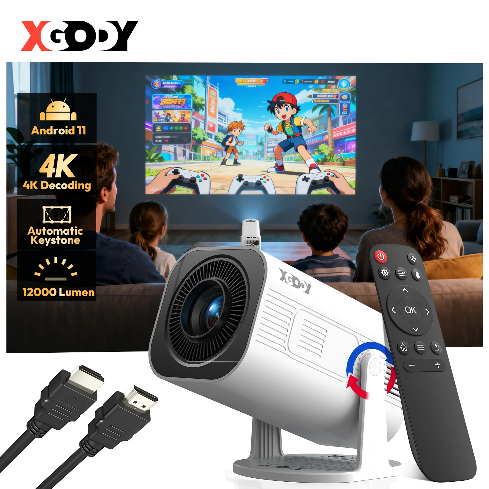XGODY 3 Pro 4K Beamer Android 14 Mini Proiettore 300 ANSI Dual WIFI Wifi6 BT5.4 1280*720P Home Theater Portatile per Esterni