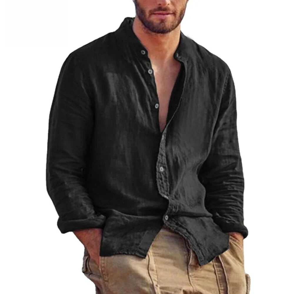 Sweatwear Herren Langarmhemd Leinen Einfarbige Hemden Trend Stehkragen Lässige leichte atmungsaktive Tops Hawaiihemd