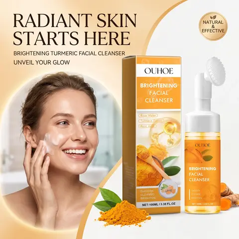 Ouhoe Turmeric Brightening Facial Cleanser Kojic Acid Rose Water Silicone Brush Head Deep Pore Exfoliating Foam Smooth Glowing Skin Care