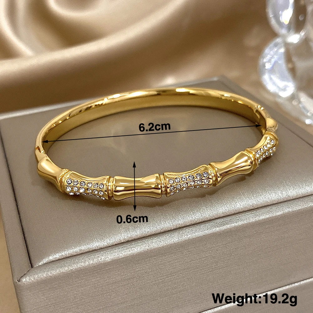 

Freetry Retro Bamboo Shape Stainless Steel Bangle for Women Waterproof Rhinestone Smooth Bangle Chunky Bracelet Banquet Jewelry