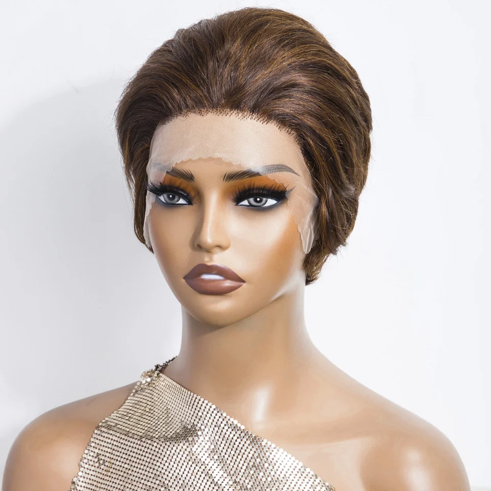 

Brown Slicked-Back Straight Wigs Ready To Wear Pixie Cut Straight Bob Short Human Hair Wigs Lace Hairline Human Hair Pixie Wigs