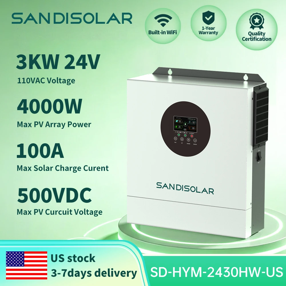 SANDISOLAR 3000W 24V 110/120VDC Solar Inverter MPPT 100A PV Input MAX 500VDC Off-Grid Pure Sine Wave Inverter Solar Charger