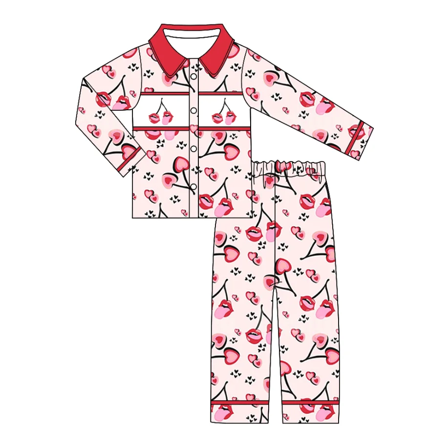 Conjunto de Pijama Casual para Niños y Niñas con Diseño de Corazón y Cereza para el Día de San Valentín, Ropa Infantil de Boutique, Bata Infantil a Juego