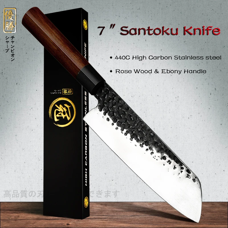 Japanese Santoku Knife Chef Kitchen Knives High Carbon 440C Stainless Steel Cleaver Vegetables Cooking Tools Rose Wood Ebony NEW