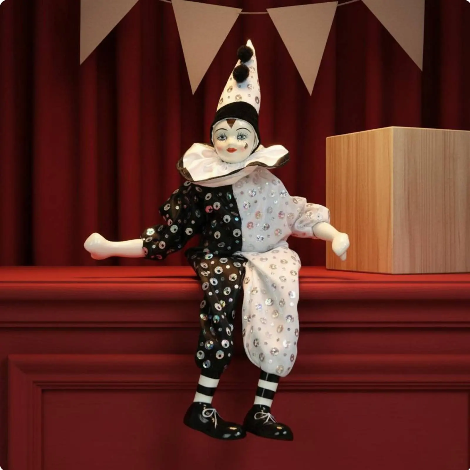Handmade Ceramic Dangling Leg Clown Figurine Hand Painted Porcelain Harlequin Satin Sequin Cafe Desktop Decor Collectible Gift