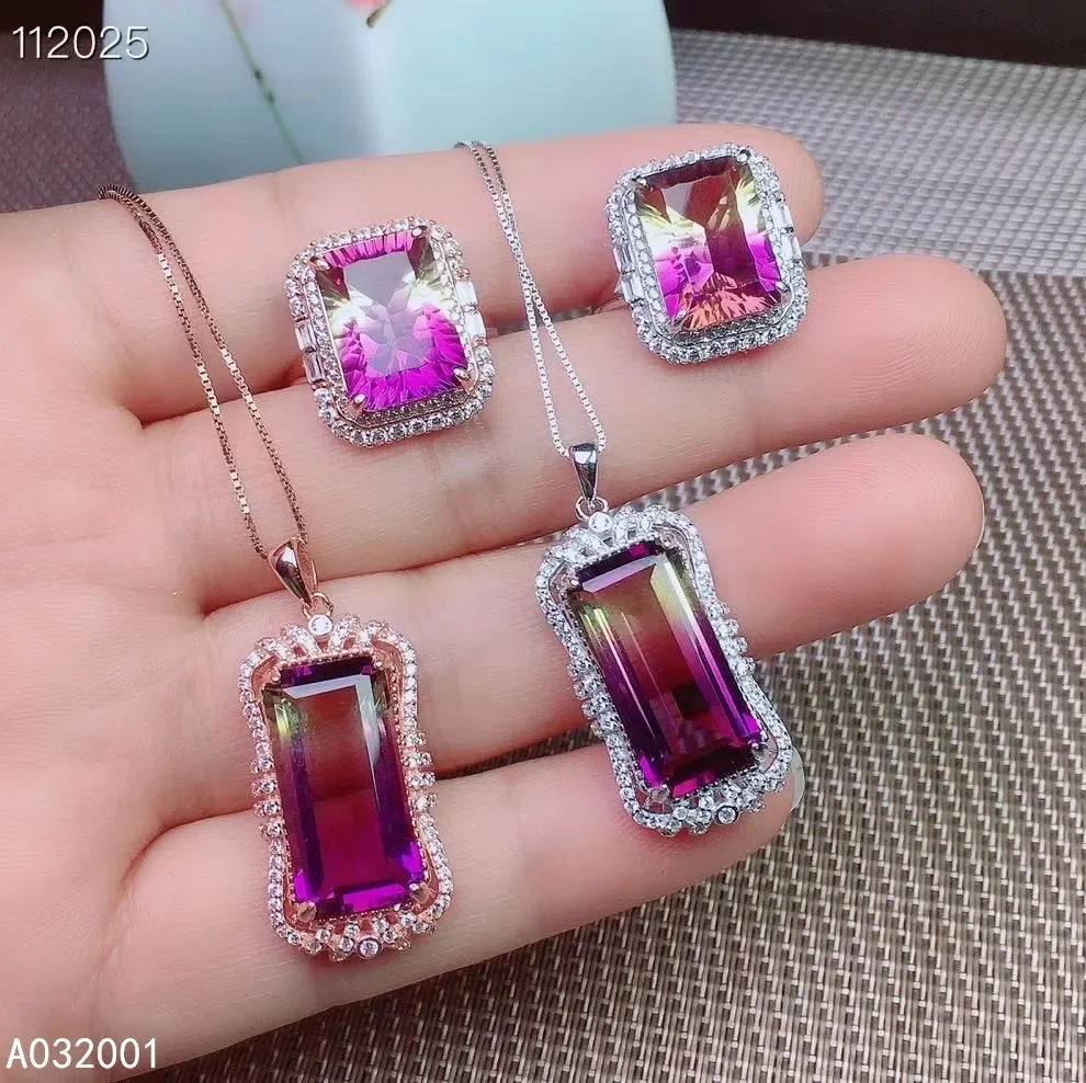 

KJJEAXCMY fine jewelry Ametrine 925 sterling silver women gemstone pendant necklace chain ring set lovely