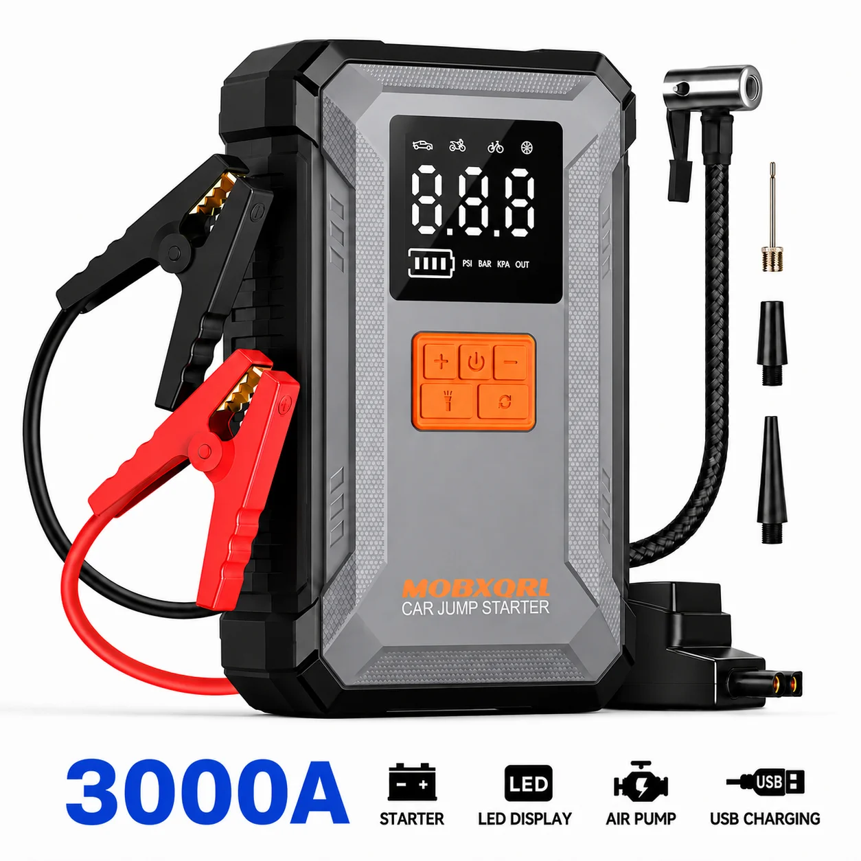 Lithium Jump Starter 3000A Peak - MOBXQRL 3000A Peak 8-in-1 UltraSafe 12V
