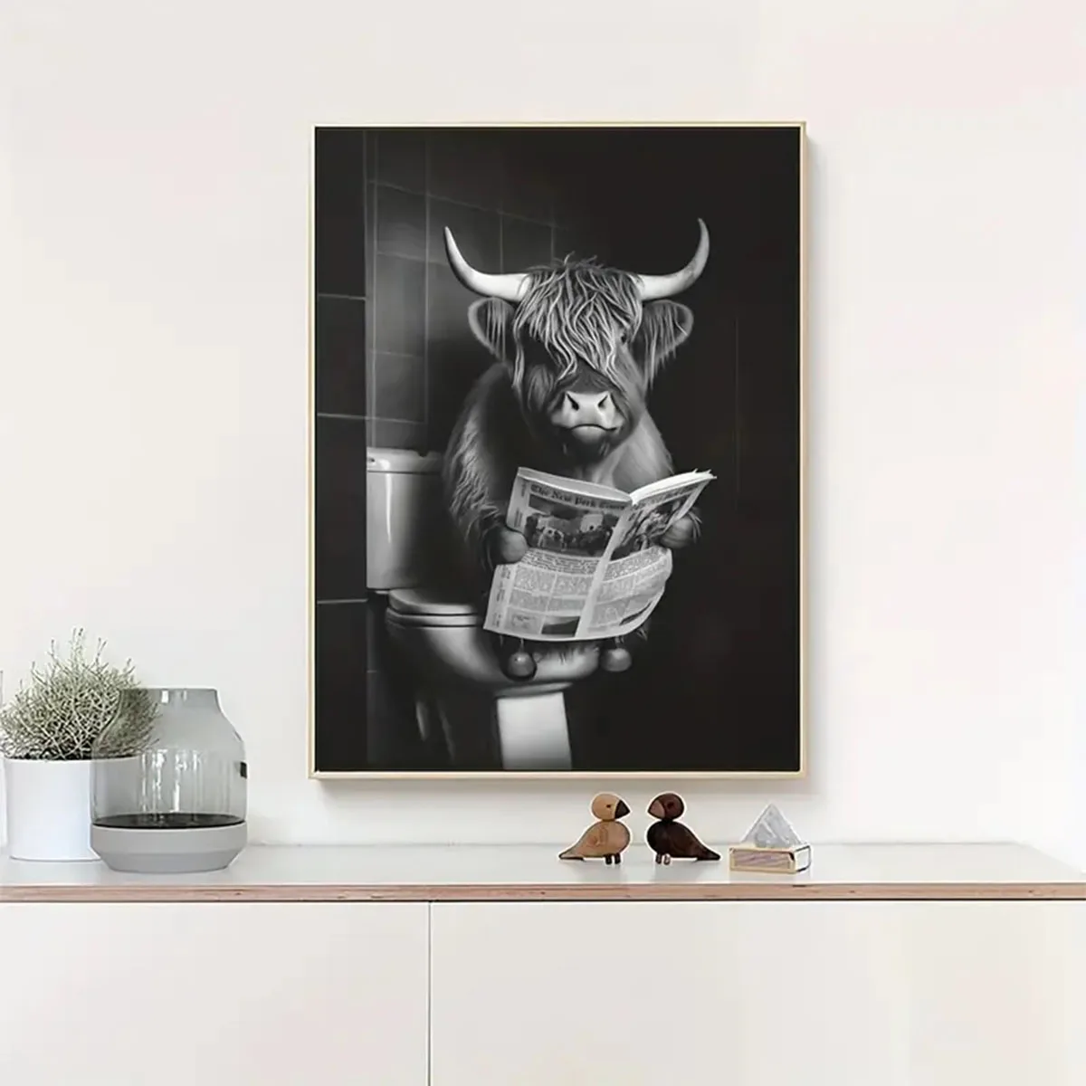 Cute and Funny Poster Cow on a Toilet Canvas Painting Bubble Bath and Wine Prints Black and White Wall Art Home Bathroom Decor