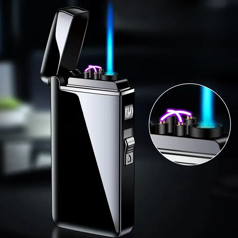 Nouveau Tiktok métal coupe-vent électrique USB briquet torche Turbo double Arc LED Plasma briquet gaz rechargeable Butane tuyau allume-cigare