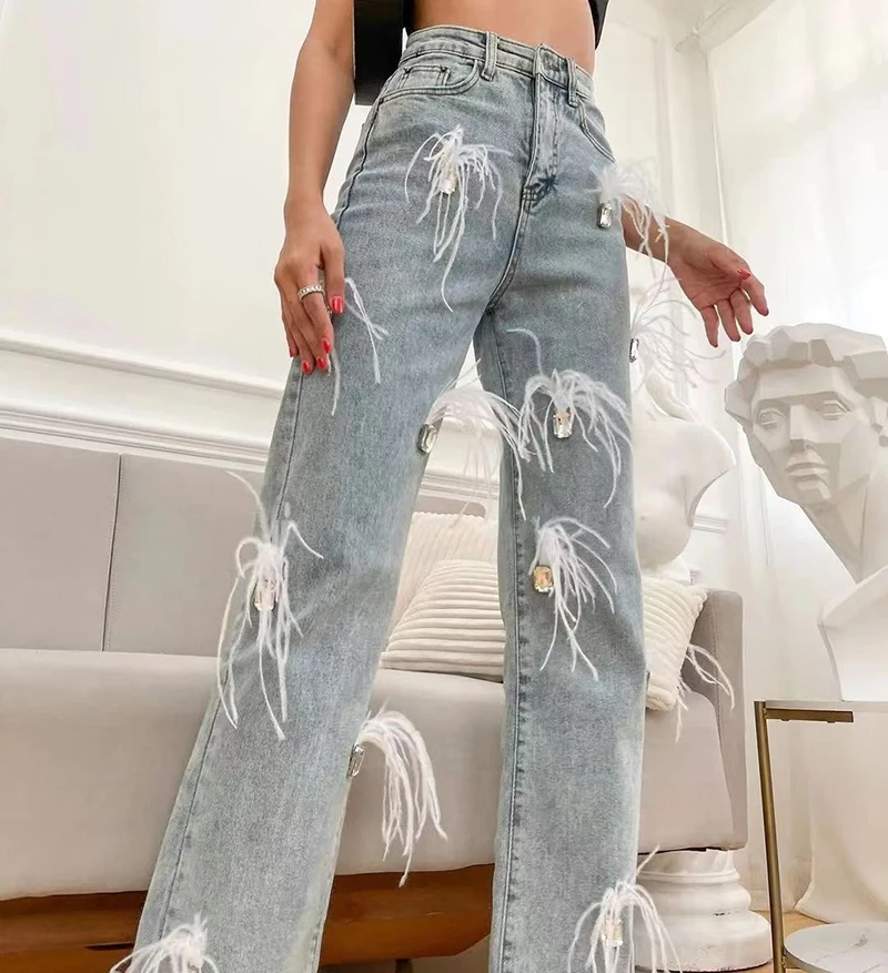 High Waist Ostrich Feathers Jeans for Women, Straight Stretch Trousers with Gem, Denim Pants, Stylish Streetwear, New, S3476