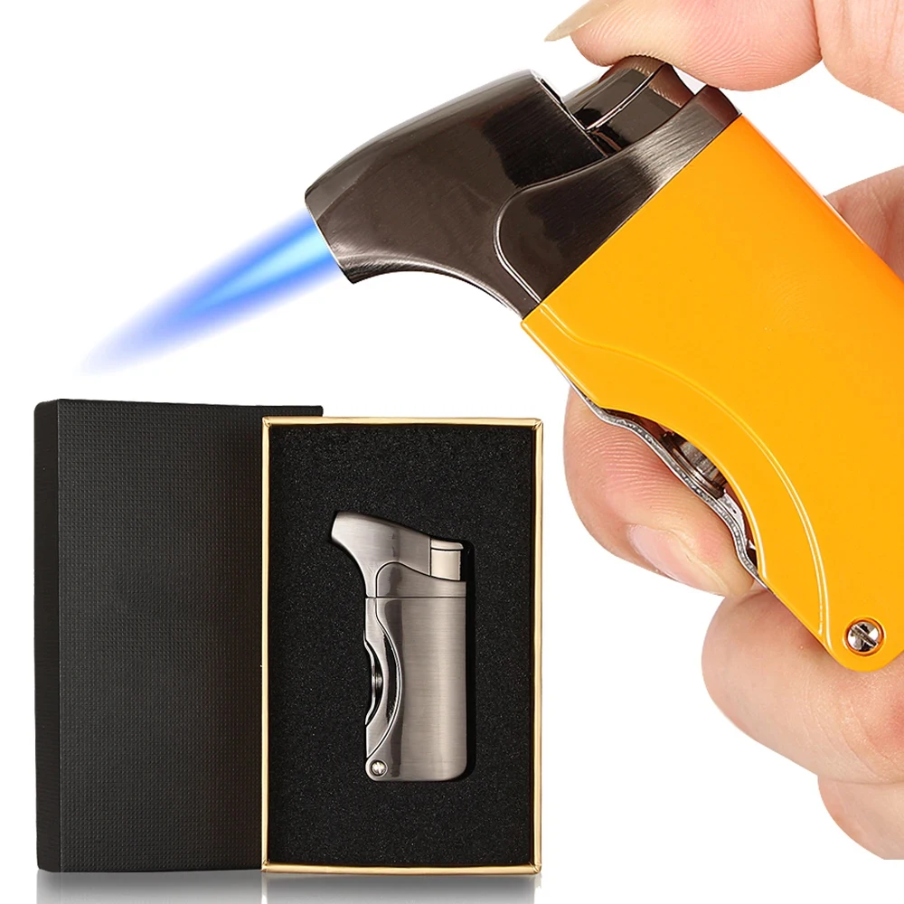 Lighter With 2 Size Cigar Punch Windproof Metal Butane Gas 1 Torch Cigar Lighter Blue Flame