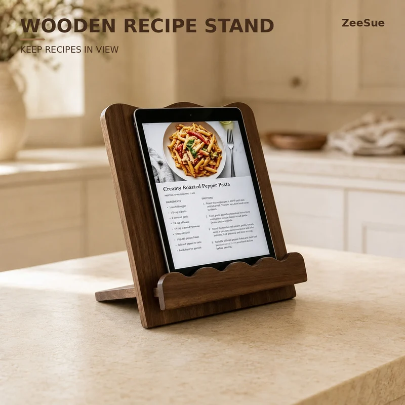Solid Acacia Wood Cookbook Stand, 9.7in Wooden Recipe Book Holder and Kitchen Tablet Stand