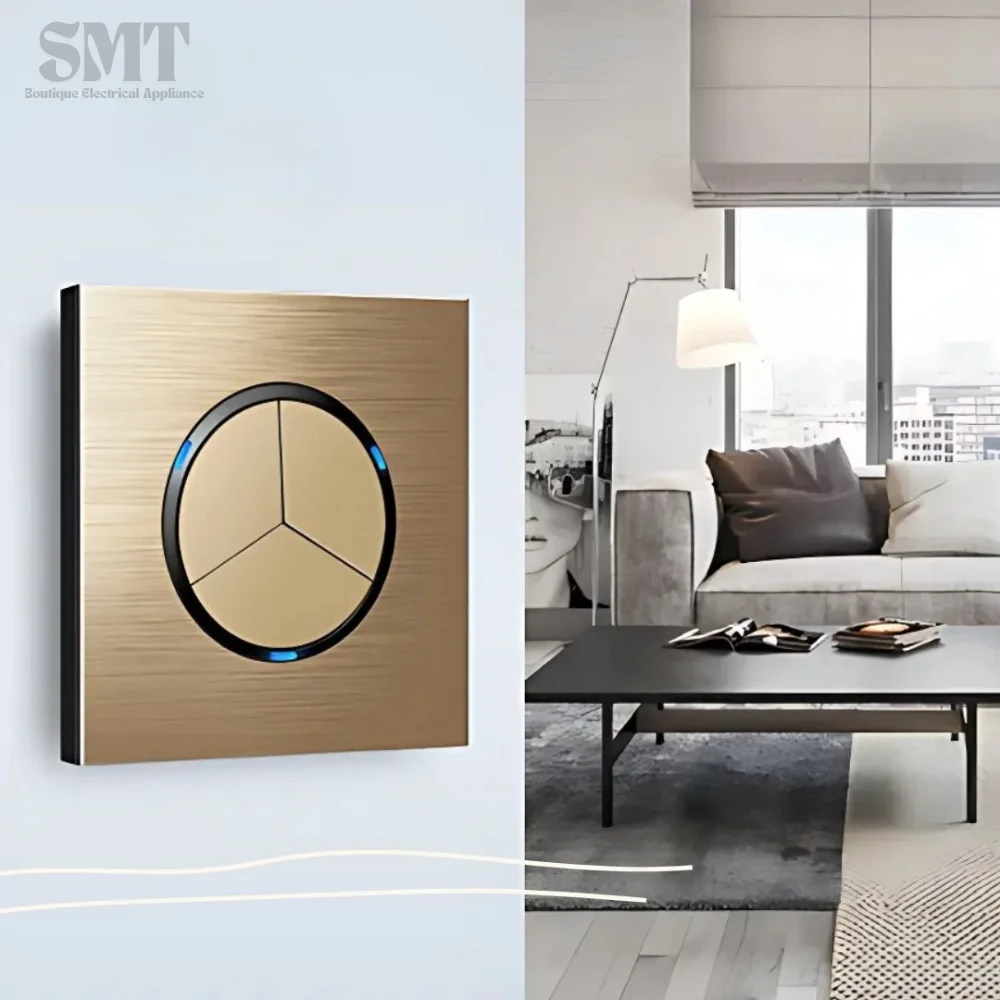 

Brushed Metal Plate Light Switch 1-4 Gang Aged AL Round Button Blue LED Reset Wall Switch Dark Bronzed EU Germany Russia Plug