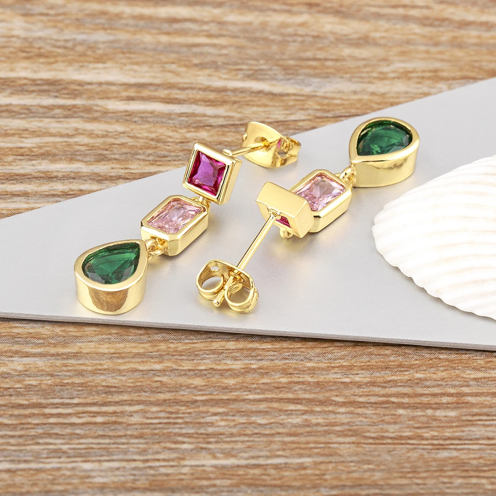 AIBEF Bohemian Square Droplet Shape Copper CZ Green Pink Rose Red Women Pendant Earrings Exquisite Jewelry Party Birthday Gift
