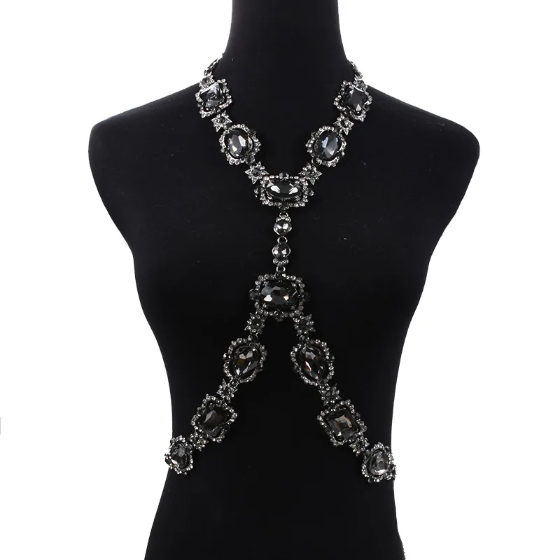 Costume Jewellery Accessory Collar Emerald Crystal Rhinestone Statement Bra Harness Necklace Waist Body Chain Jewelry for Women