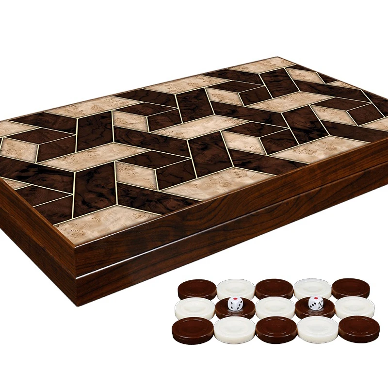 

Luxury Backgammon Board Game Set Wooden Geometric Walnut - With Chips & Dices - Gift For Parents Friend-Checkers Pieces Stones