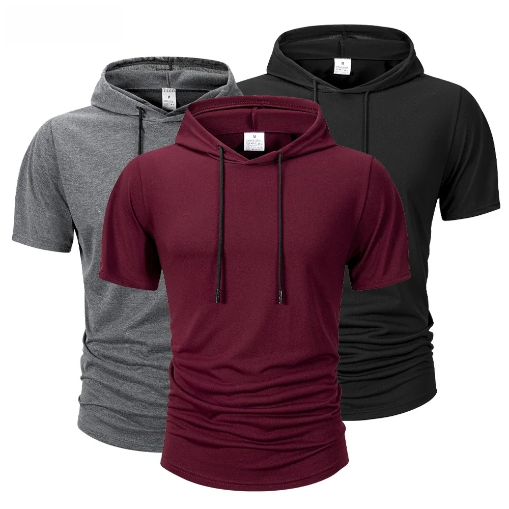Zomer heren sweatwear met capuchon, casual los T-shirt met korte mouwen, effen kleur, lichtgewicht hoodie, fitness, ademende tops - afbeelding 2