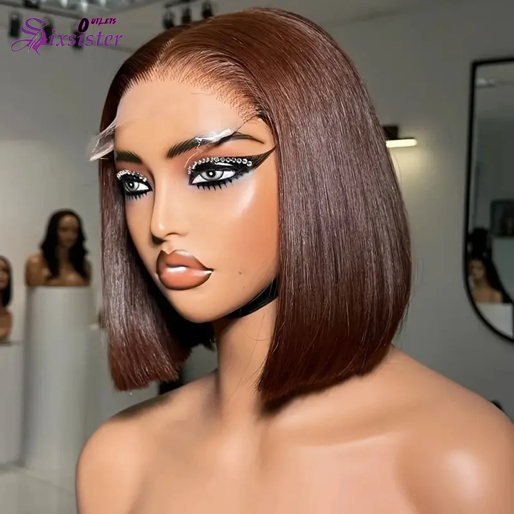 

Прямой Коричневый Короткий Боб Парик Человеческих Волос 13x4 Парик Фронта Шнурка Шоколадно-Коричневый Короткие Прямые Боб Парики Фронта Шнурка Плотность 200%