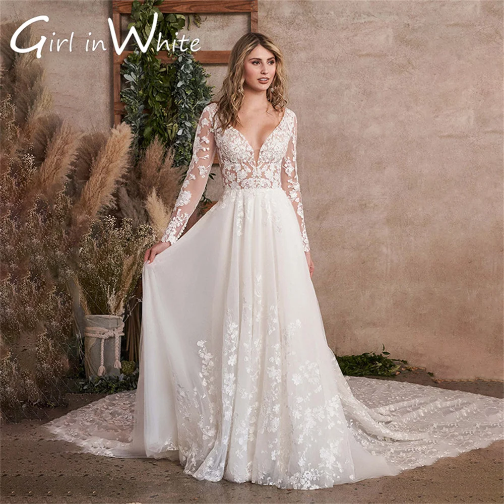 

Modern A Line Long Sleeve Wedding Dress V Neck Wedding Gown Appliques Button Back Dress customized vestido de novia robe mariage