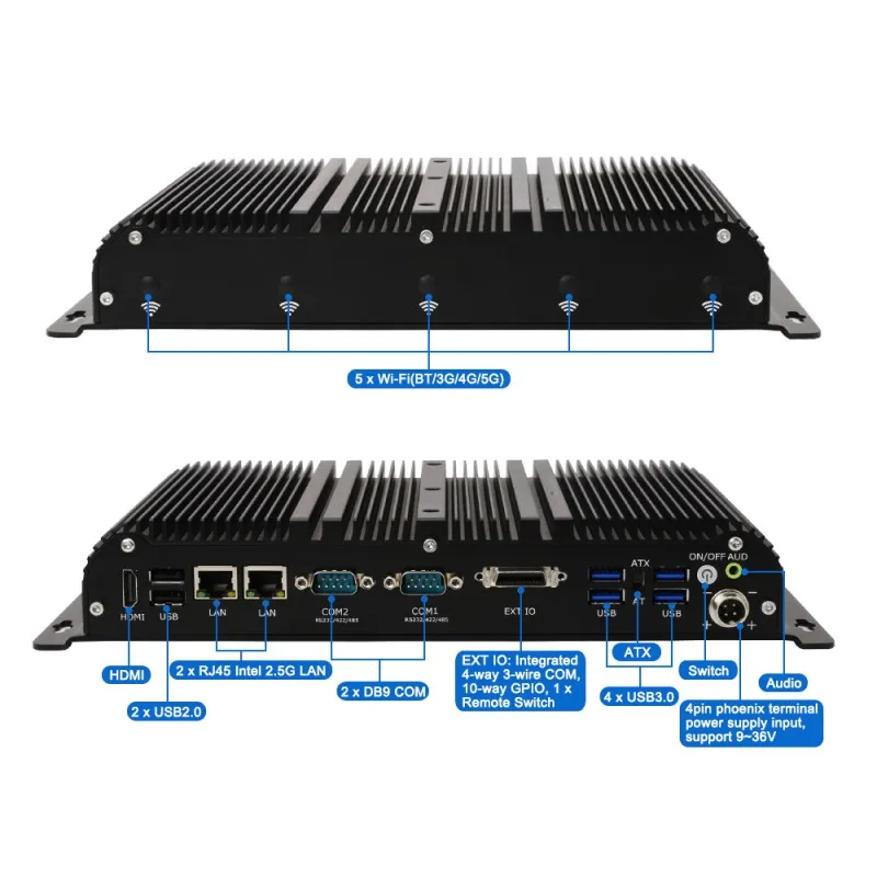 Intel Core i9 1195G7 كمبيوتر صناعي متين بدون مروحة 10 اتجاهات GPIO RS232/RS485 COM Dual 2.5G N100 كمبيوتر مضمن للمحطات 5G