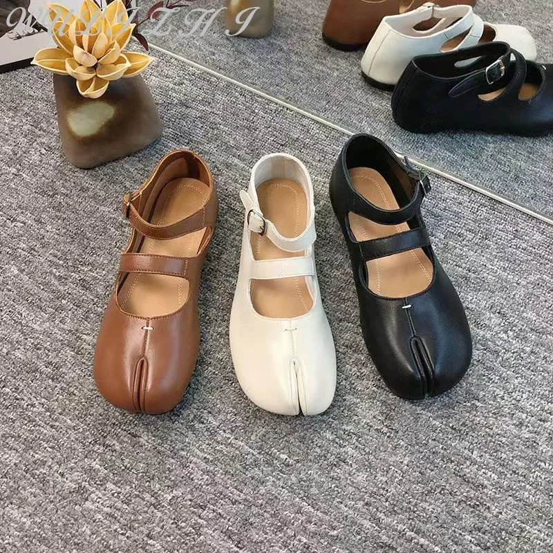 Fashion Mary Jane Shoes Women's Sheepskin Tabi Split Toes Elegant Ankle Buckle Comfortable Flat Ballet Shoes for Women