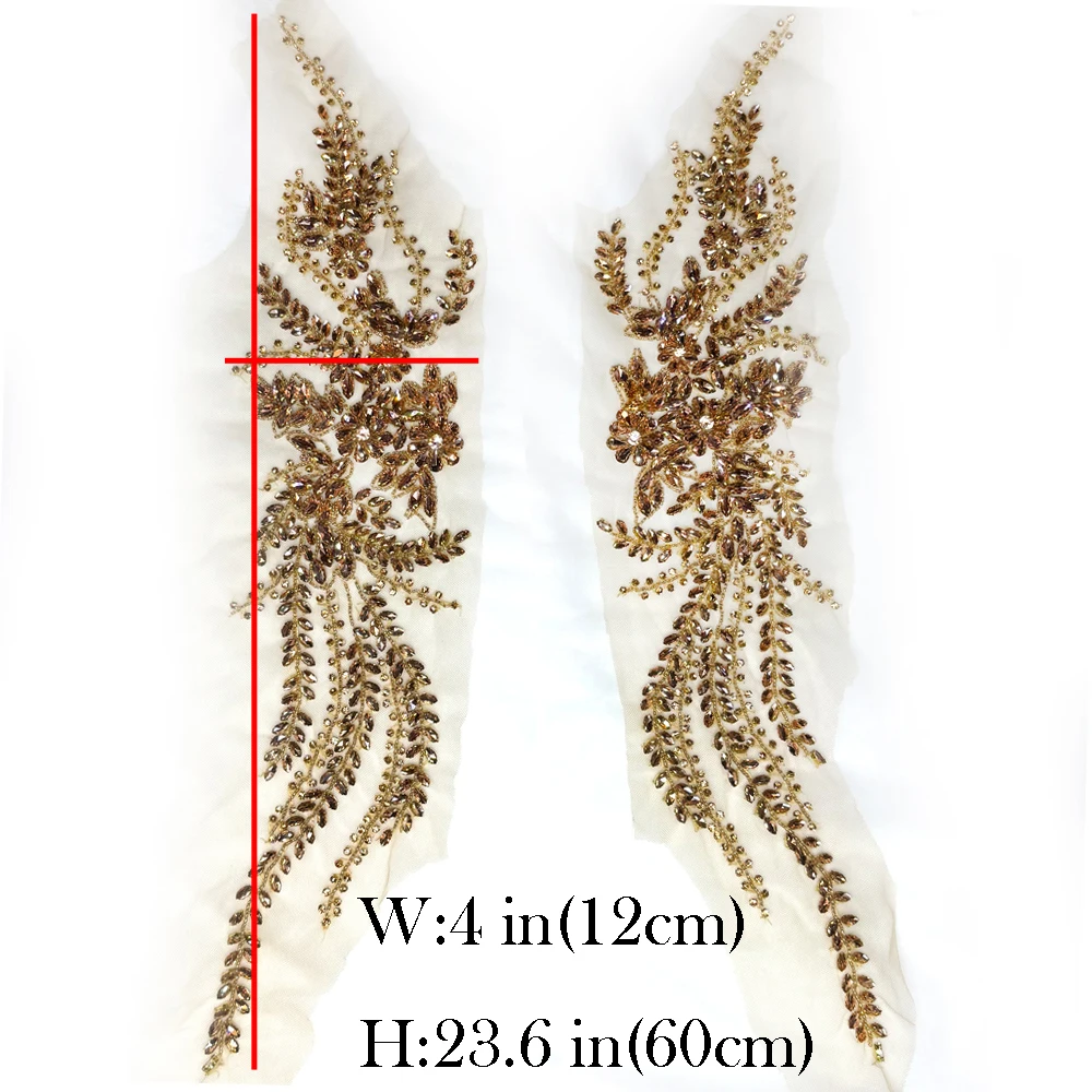 HelluyerDc silver,gold,champgane rhinestones beaded applique patch,12cm*60cm sew on for clothing,shoses Leaves flowers large