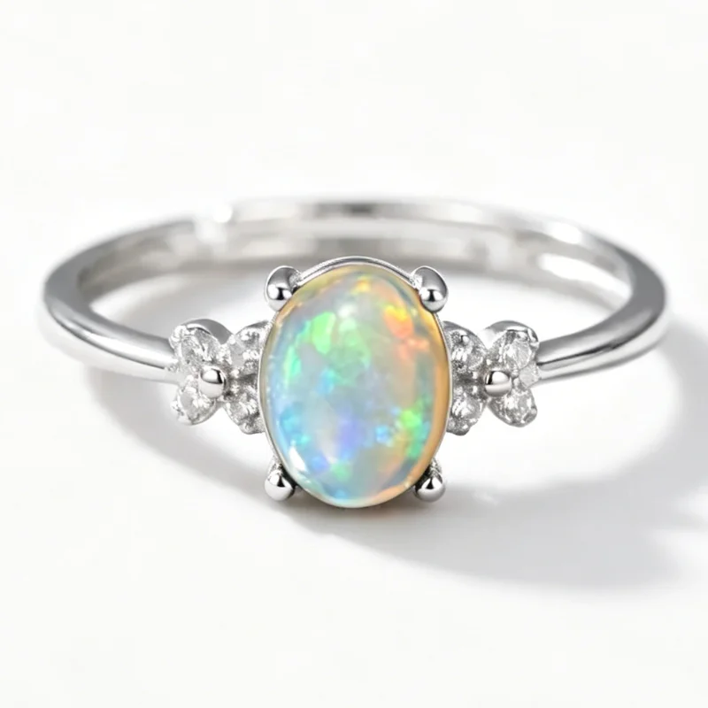 1pce 6x8mm Natural Opal S925 Sterling Silver Ring | Play-Of-Color | Vintage | Christmas, Black Friday, Halloween Gifts 022