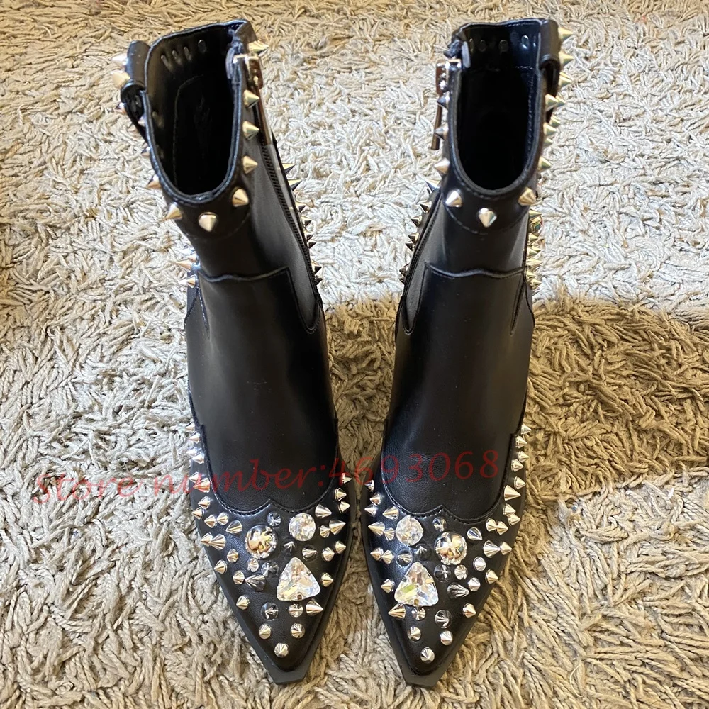 Rivetti di cristallo stivali Chelsea neri da donna gemme Appliques stivaletti di lusso tendenze femminili Splicing in pelle scarpe da sera a punta