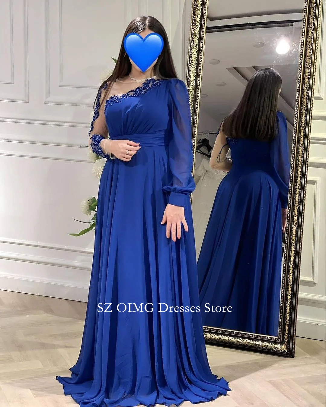 

OIMG Dubai Mordern A-Line Prom Dresses Puffy Sleeves Beading Chiffon Blue Dress Women Evening Gowns Formal Slit Party Dress