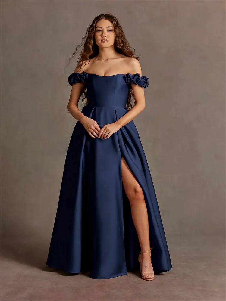 Customized Exquisite Rose Evening Dress With Three-dimensional Rose Appliqué Decoration On The Shoulder And High Slit Dress