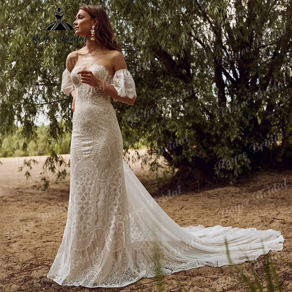 Rustic Destination Outdoor Bohemian Off Shoulder Lace Mermaid Wedding Dress with Sleeve 2024 Bridal Gown for Women robes de mari