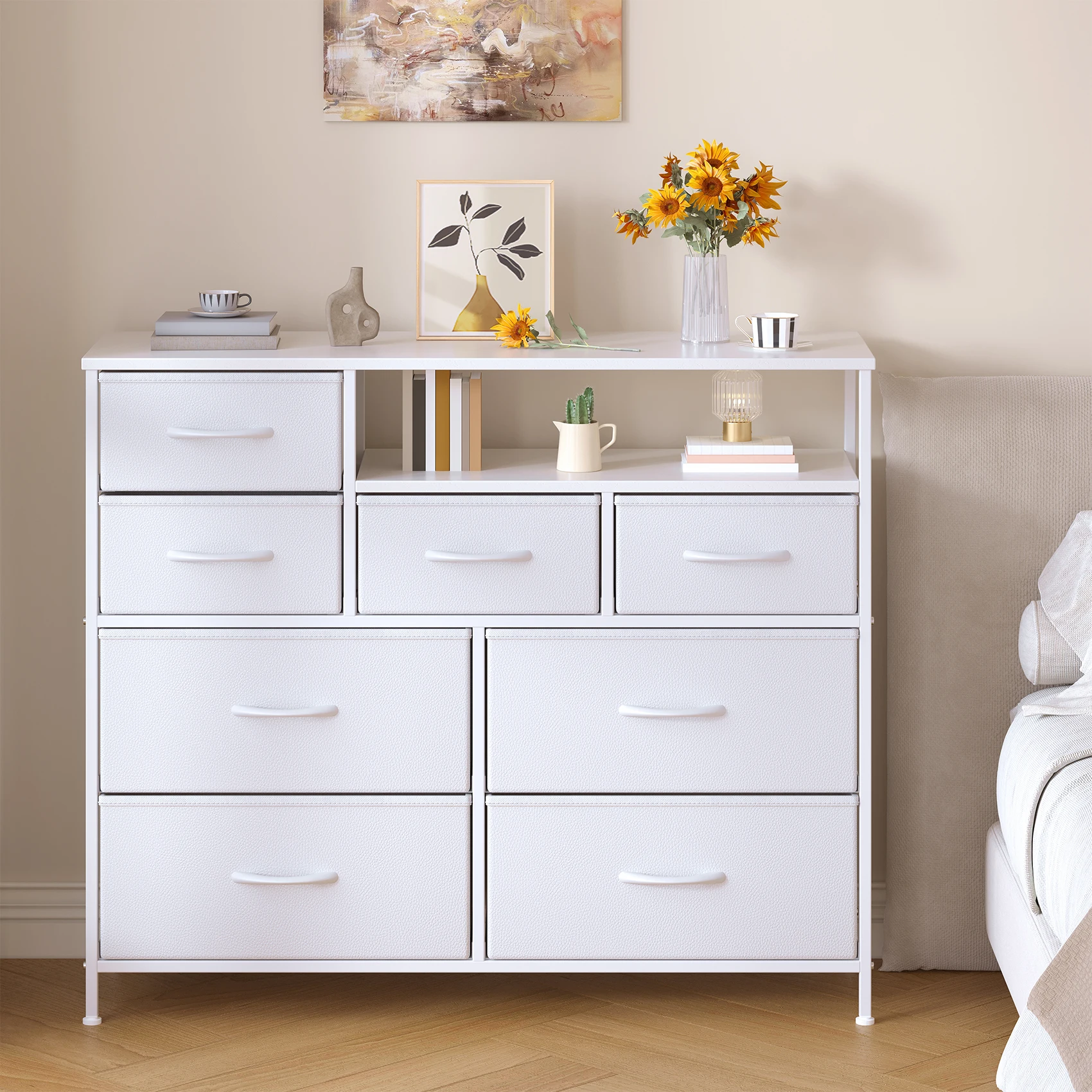 Cassettiera per Camera da Letto, con 8 Cassetti in Tessuto, 100 × 30 × 84 Cm, Ripiani Aperti, Mdf, 360 ° Piedini regolabili, struttura in metallo,