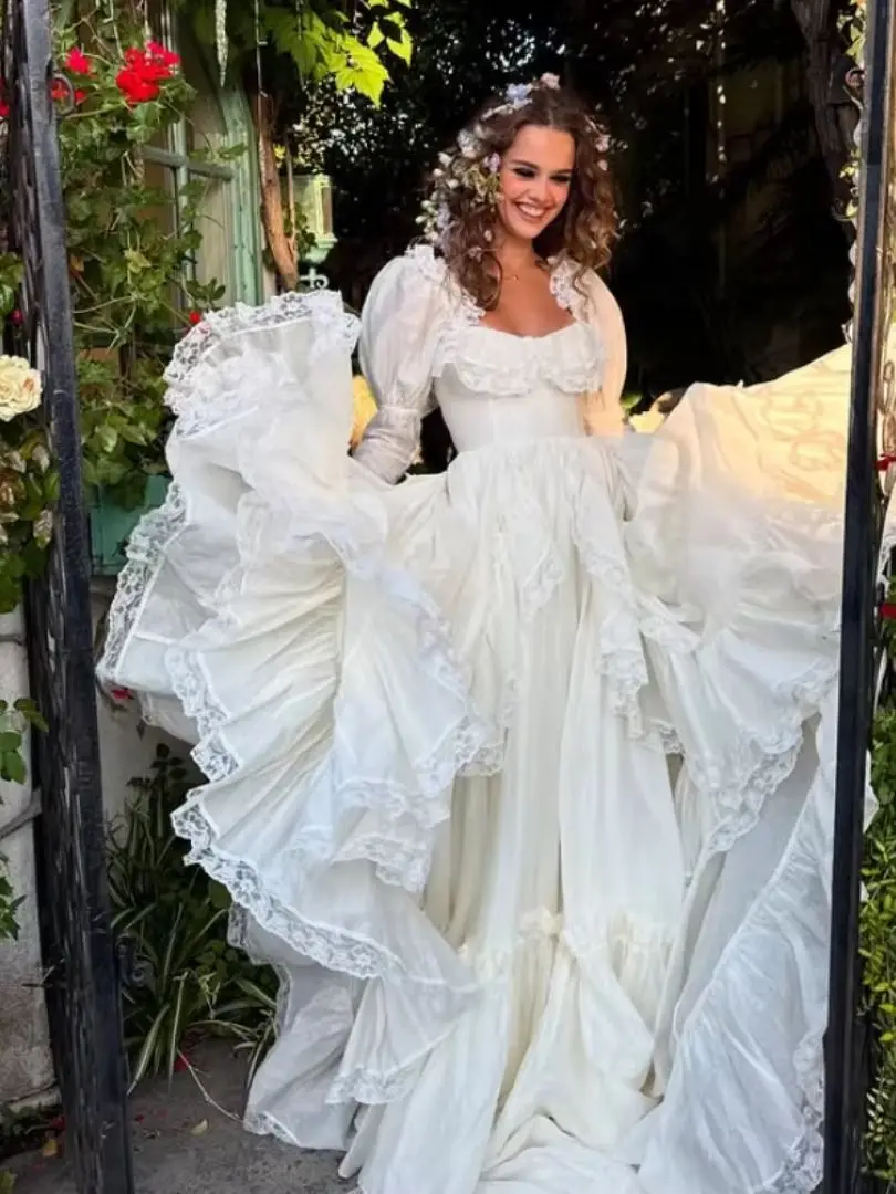 Jessica Zoete Prinses Avondjurken Lange Mouwen Witte Galajurken Kant Multi-layer Party Vestidos De Gala Aangepast - afbeelding 2