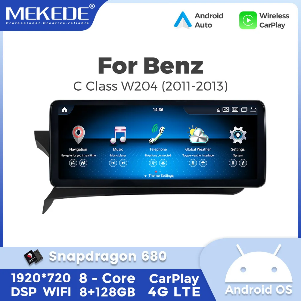 Mekede Snapdragon 680 autoradio 8G + 128G 1920*720 Carplay sans fil pour Mercedes-Benz classe C W204 S204 2011 - 2013 Android 14 Navigation GPS systèmes intelligents