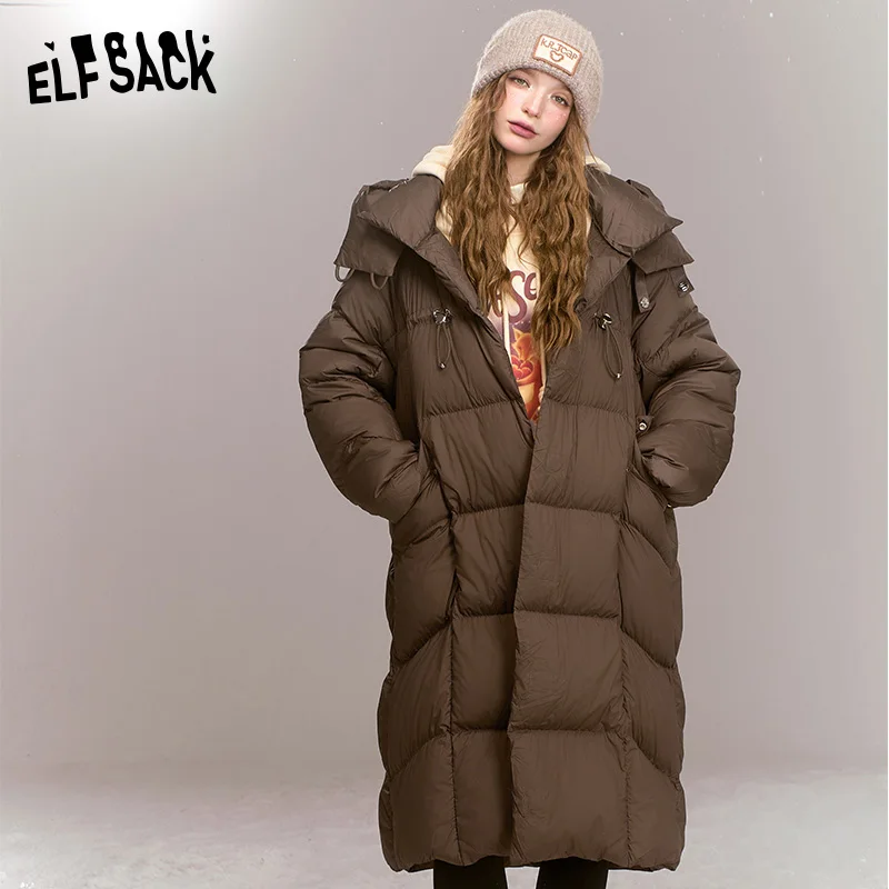 

ELFSACK 2024 Winter New Arrivals Retro loose woven plain weave medium hooded warm down jacket for women,