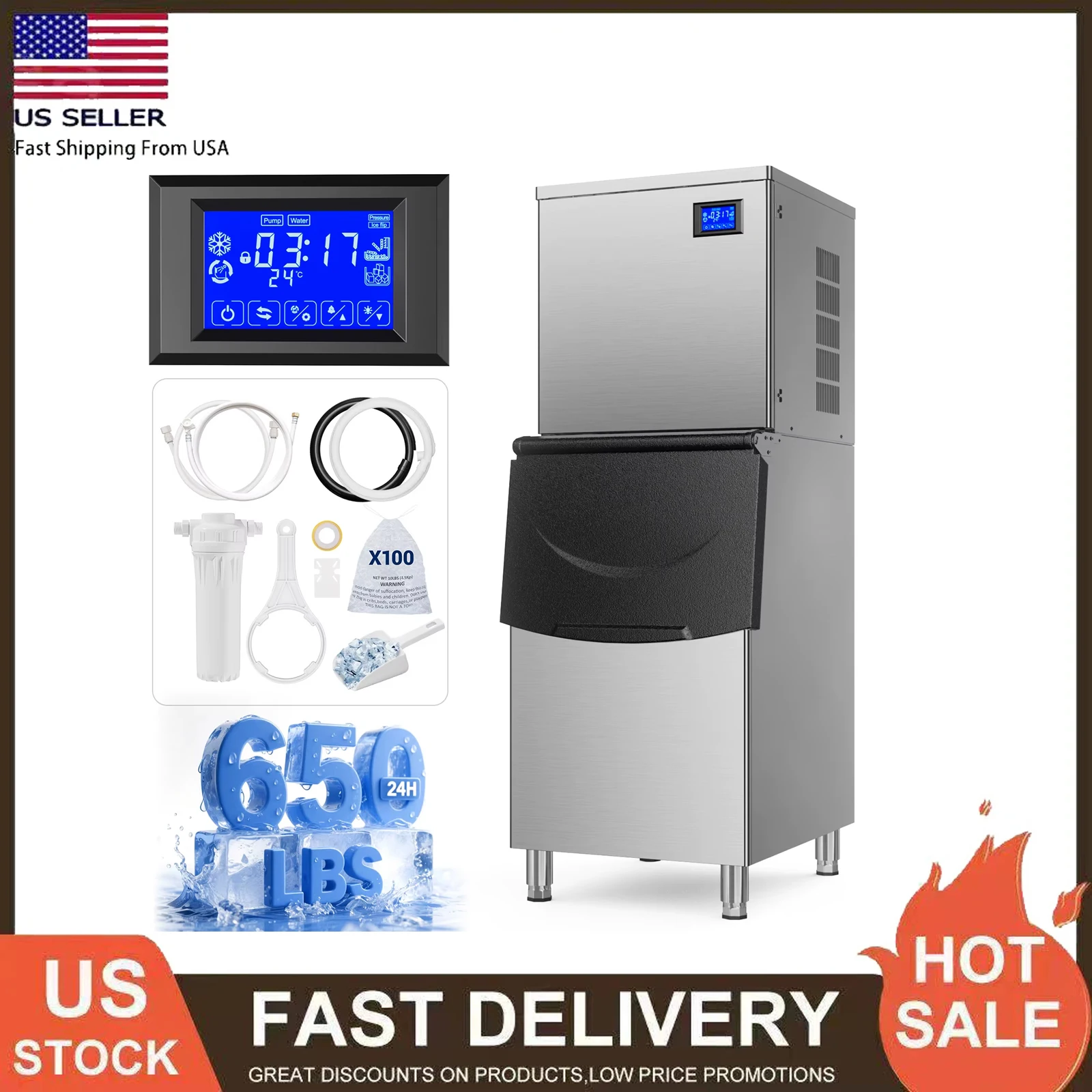

650Lbs/24H Commercial Ice Maker Ice Cube 450LBS Large Storage Bin Ice Fast Ice Ready in 8-15 min Ice Maker Machine for Bar Cafe