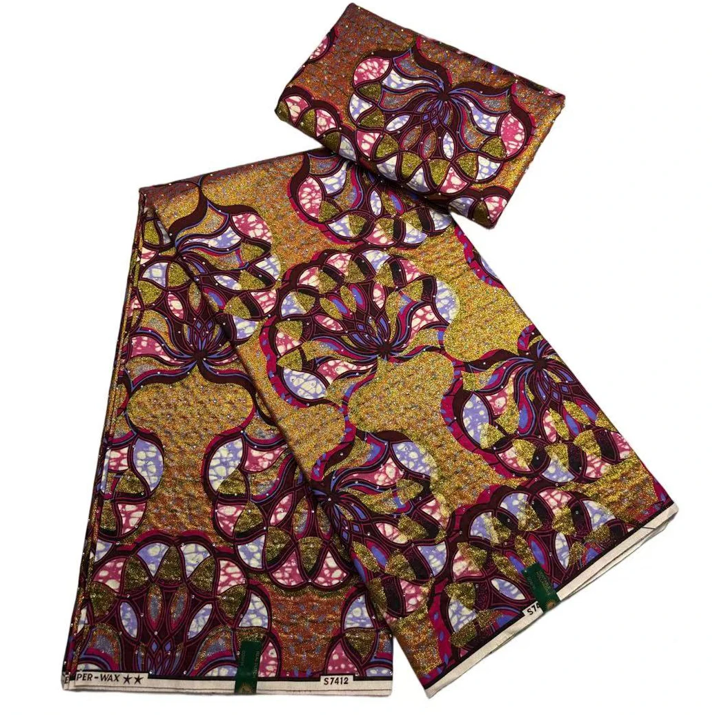 

Nigerian Elegant 100%Cotton Guaranteed Veritable African Real Wax Fabric Shiny Stones Wax Materials 6Yards/pcs For DIY Dress