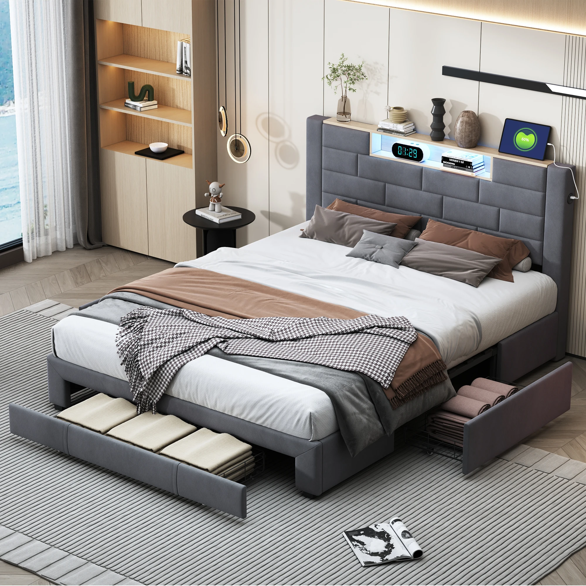 Letto imbottito 140/160x200 cm con testiera LED, letto per ragazzi con 3 cassetti contenitori e funzione di ricarica USB Type-C, struttura letto contenitore con rete a doghe, letto funzionale, grigio,