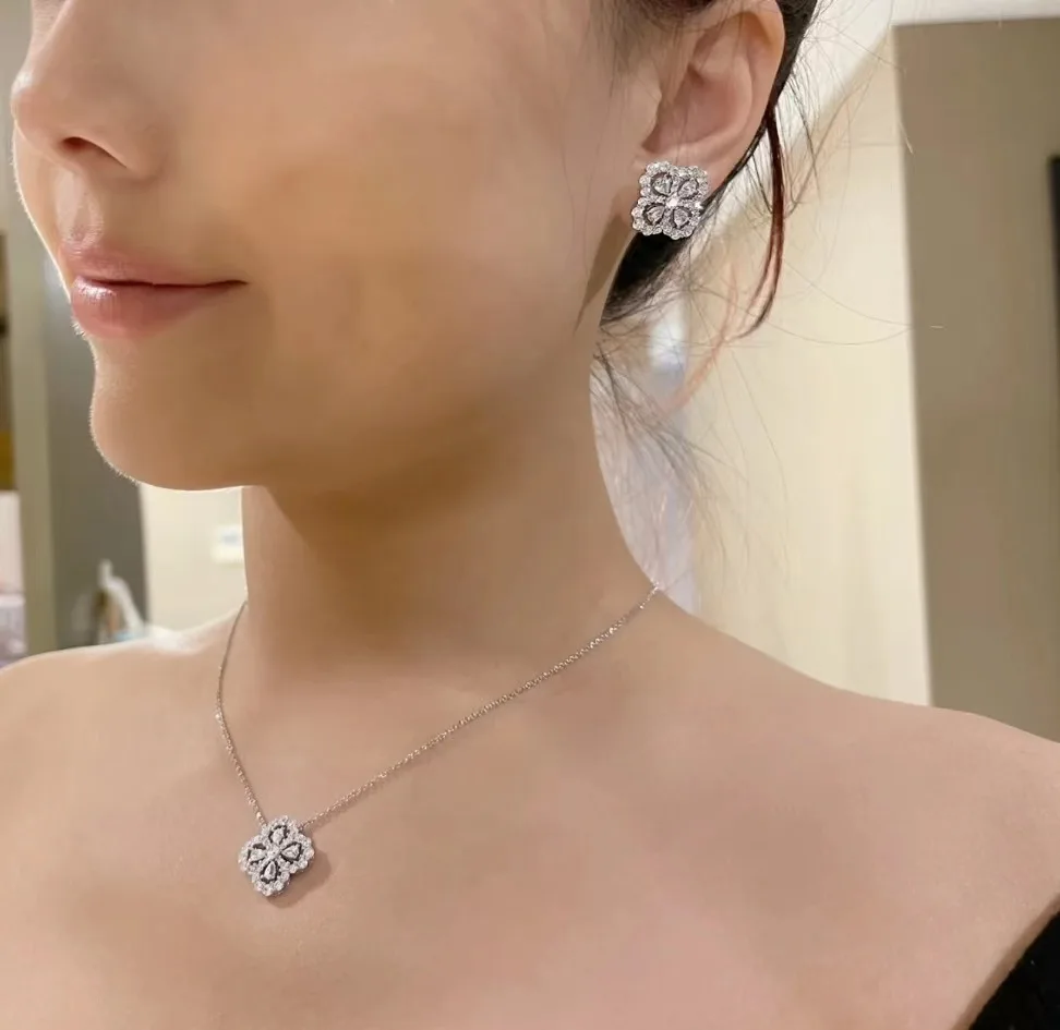 S925 sterling silver luxury jewelry loop series hollow four-leaf clover necklace earrings exquisite women's jewelry