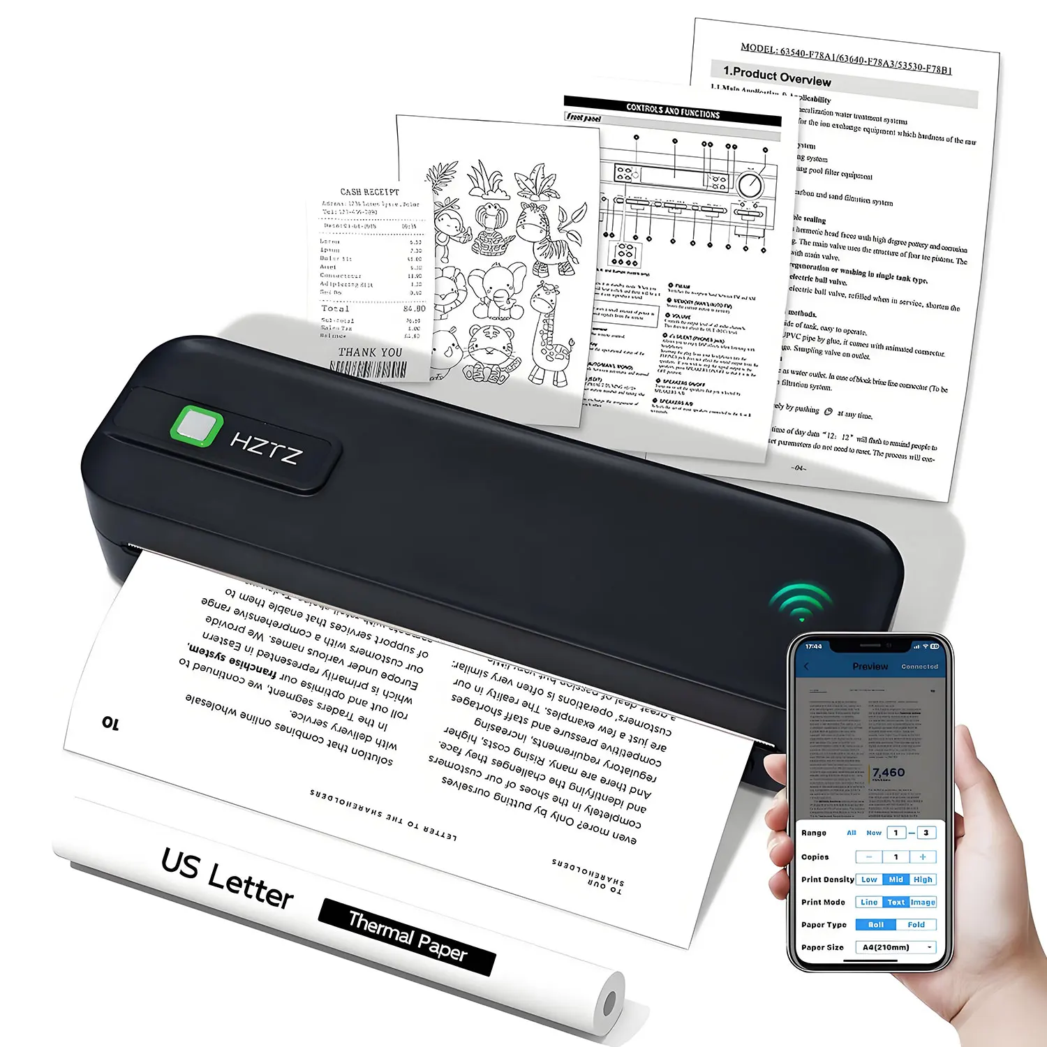 Impresora portátil inalámbrica para viajes, impresora térmica sin tinta, pequeña impresora compacta compatible con papel plegable/rollo/papel de tatuaje
