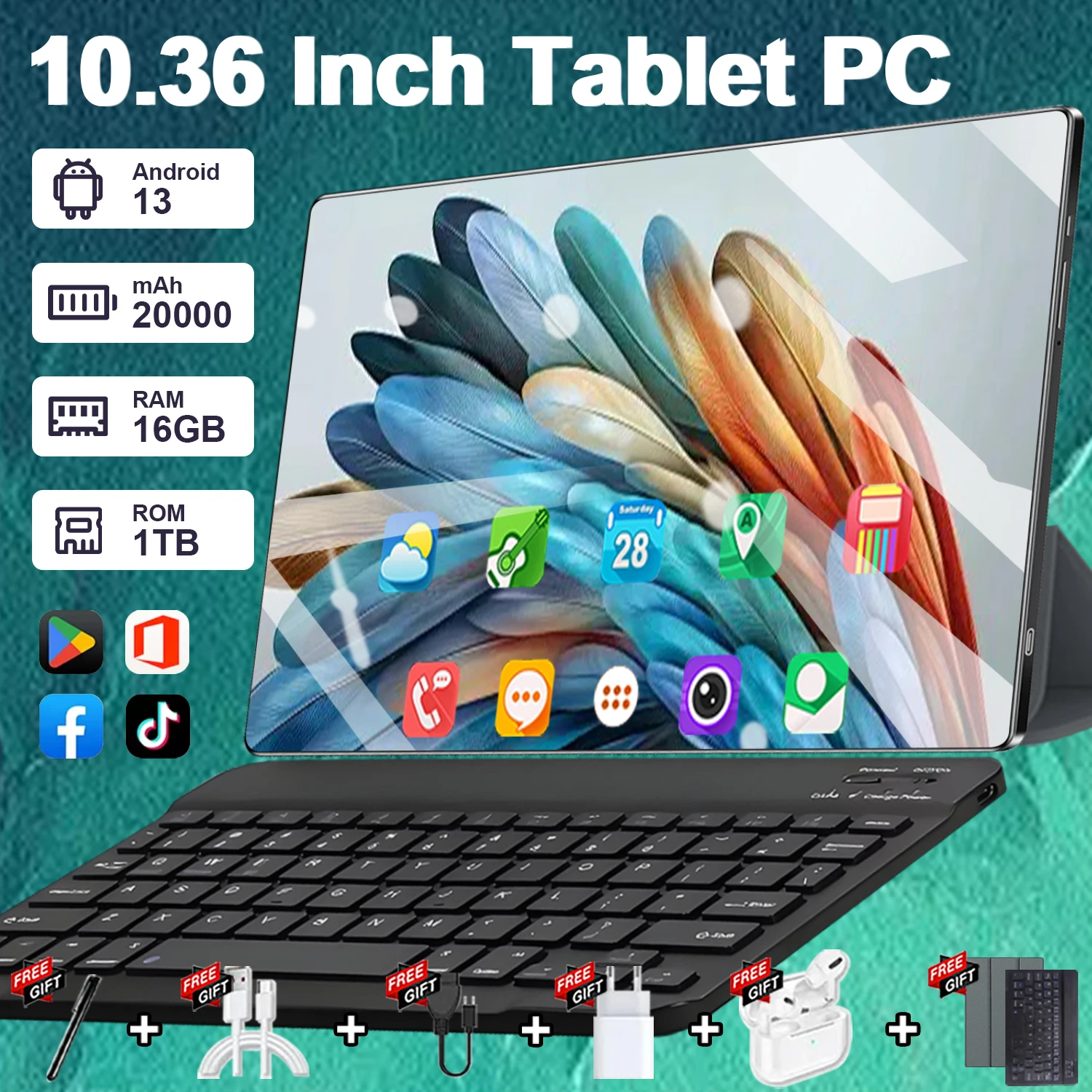 5G Tablet Android 14 Core Google Play 20000mAH 10.36 Inch Dual Cameras Dual SIM Tablet Pc  Bluetooth Wifi 16GB Ram 1TB ROM